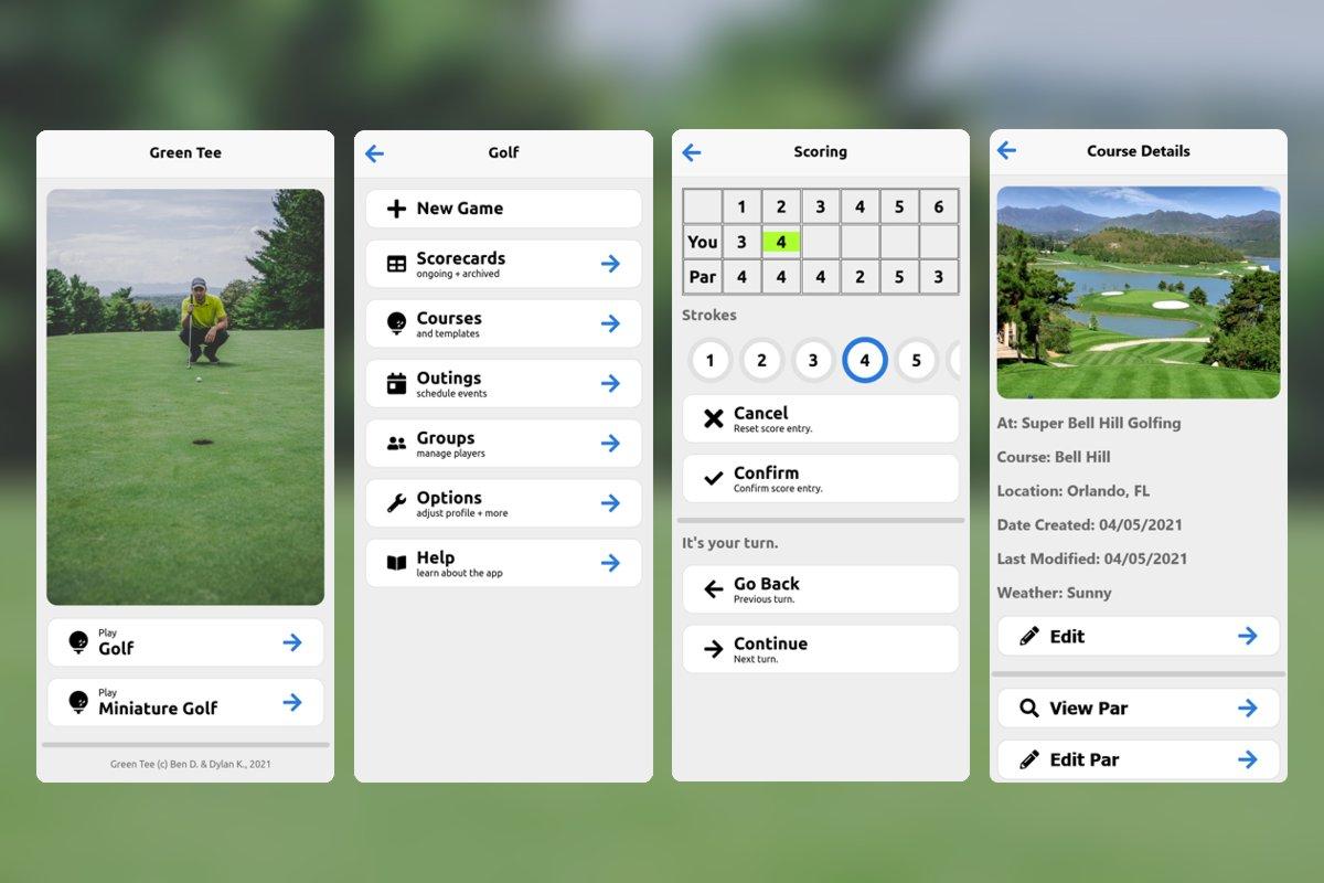 User interface of Green Tee golfing scorecard application mobile prototype.