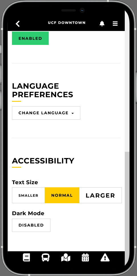 UCF Downtown setting screen displaying the language preferences and accessibility settings.