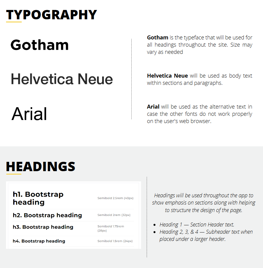 Screenshot of the UCF Downtown application style guide that details the typography and headings sections of the application. The typography section details the three different font choses used in the application and where they are applied. The heading section details where the different heading sizes are used and gives specific sizings for future development teams.