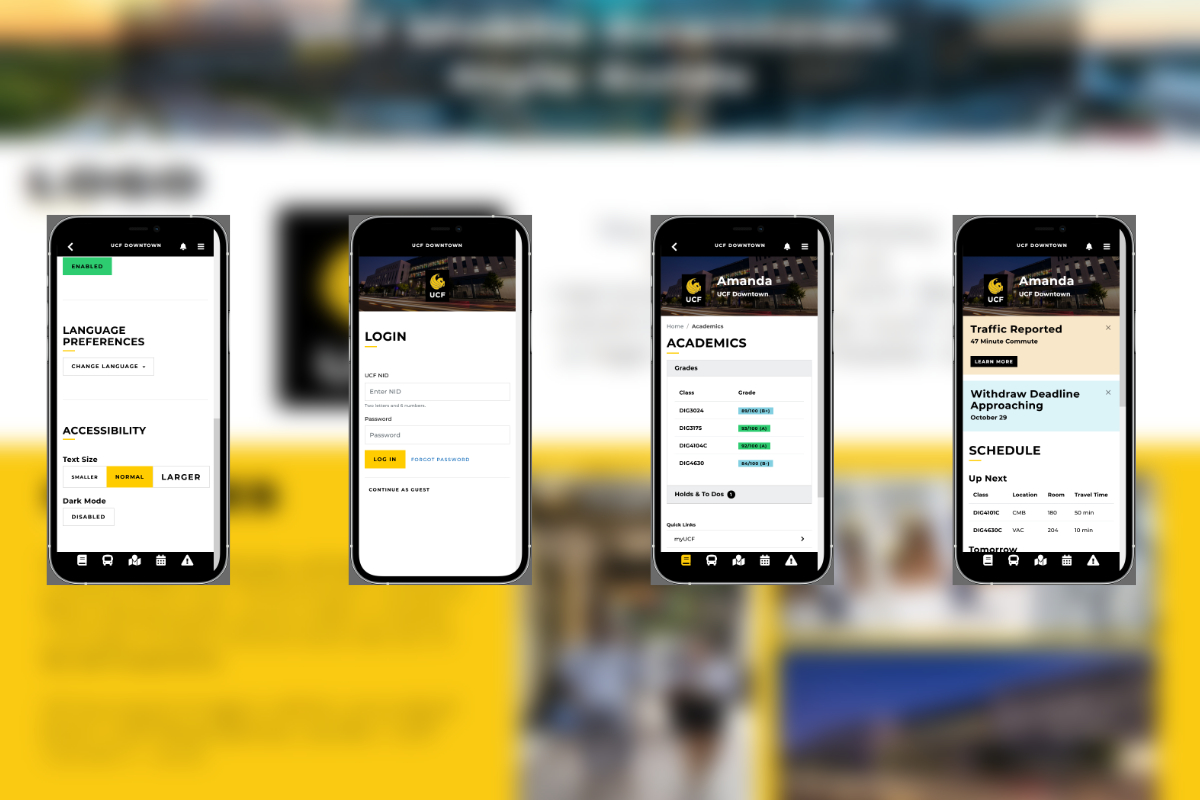 User interface screens of UCF Downtown Mobile application prototype.